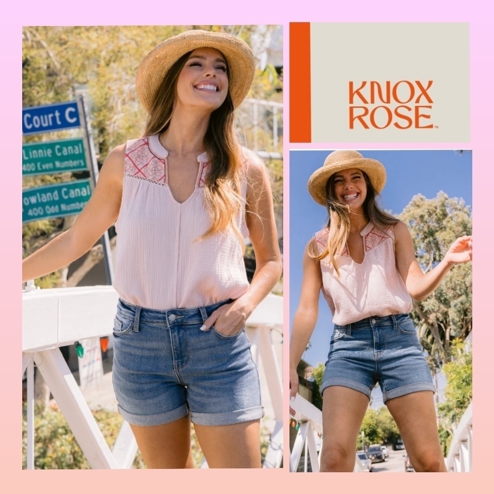 🪷 Knox Rose Tank Top Pink Gauze Embroidered V Neck Sleeveless . Size XXL